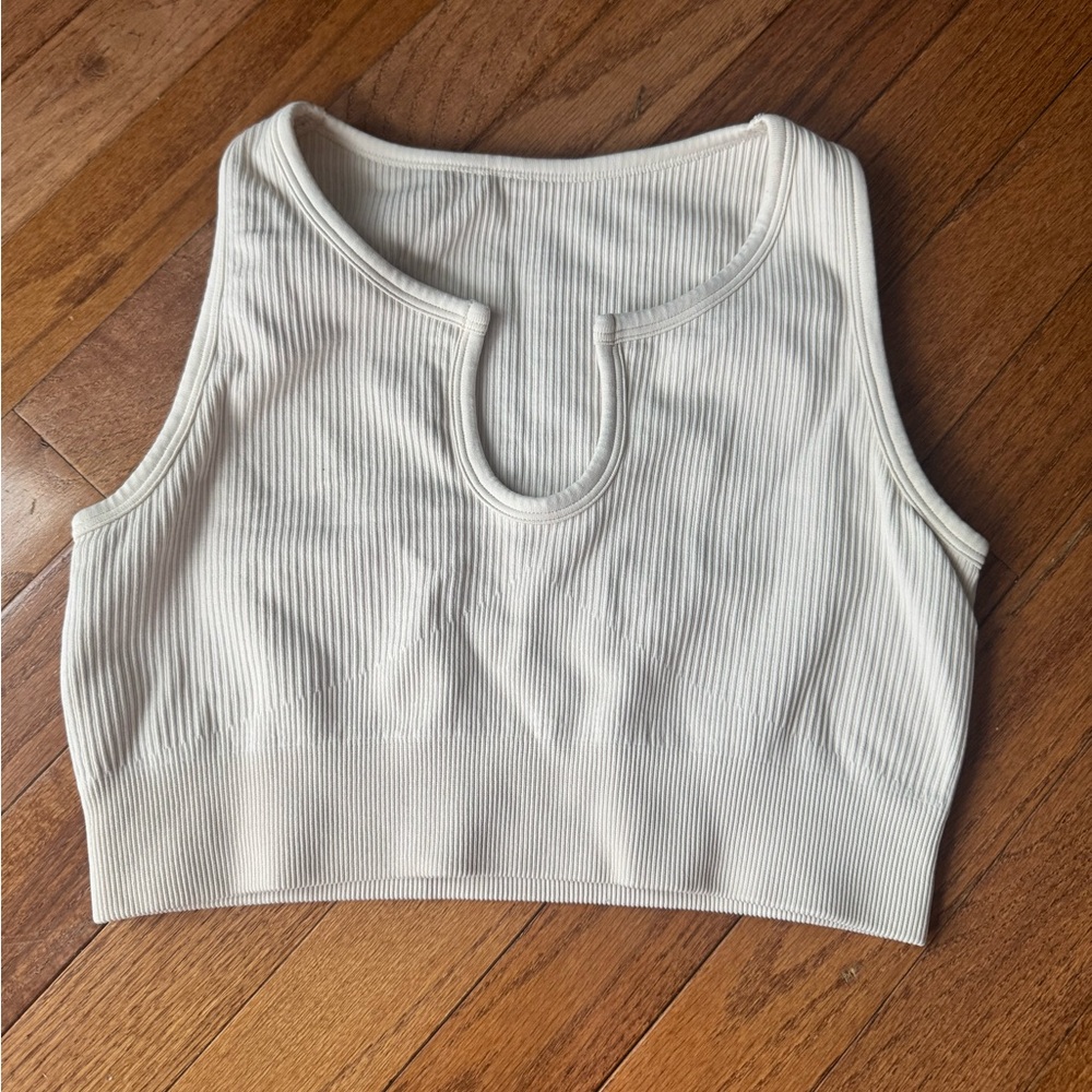 Ribbed Scoop Keyhole Crop Tank Top - Cream